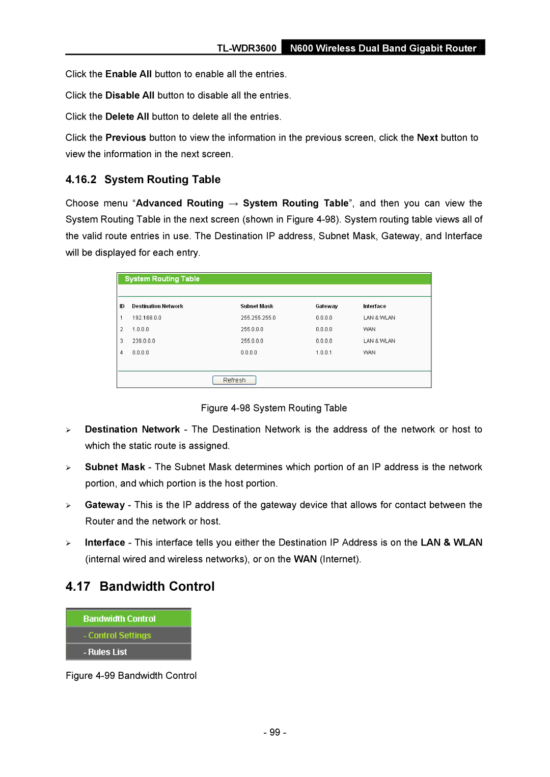 TP-Link TL-WDR3600 manual Bandwidth Control, System Routing Table 