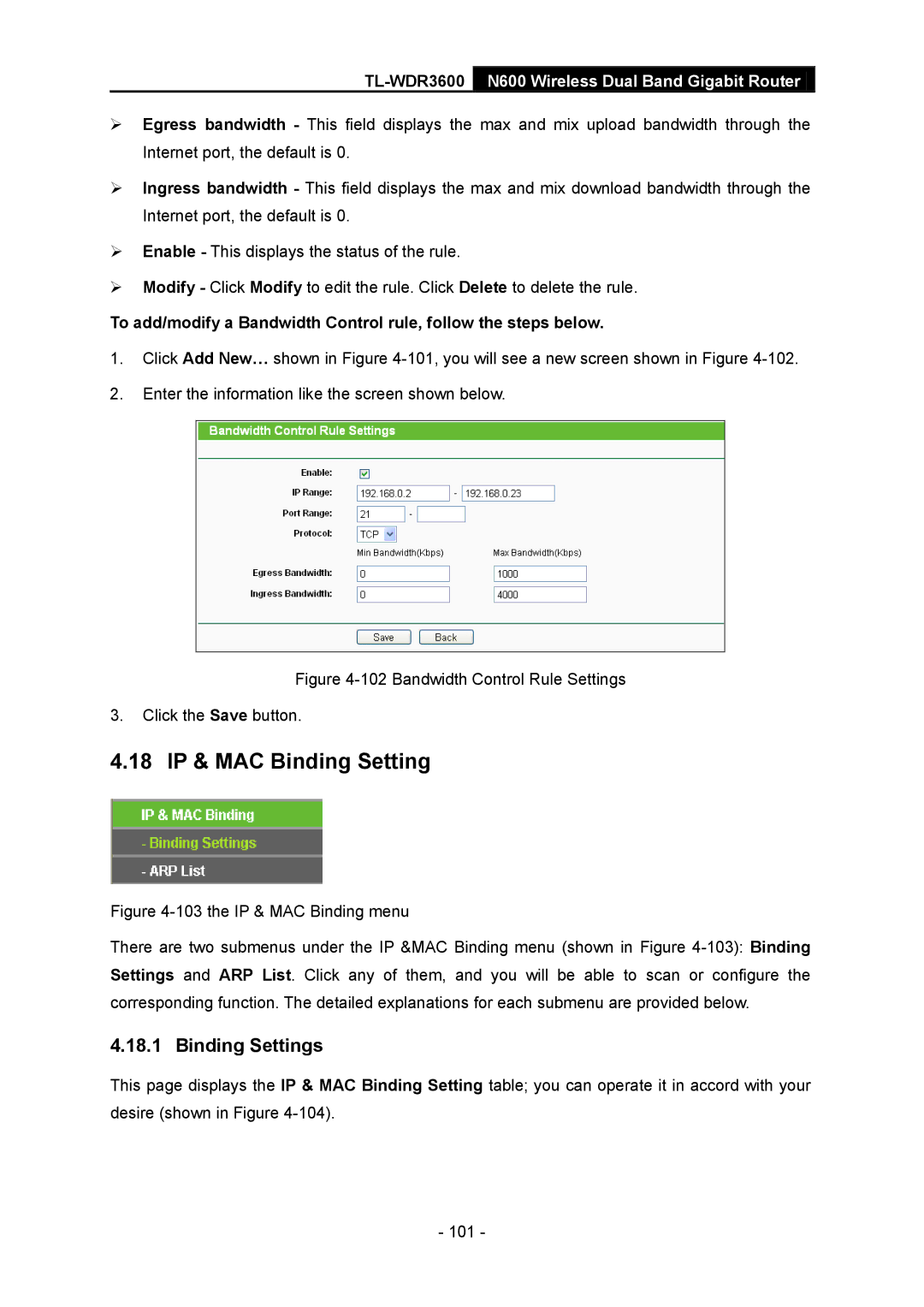 TP-Link TL-WDR3600 manual 18 IP & MAC Binding Setting, Binding Settings 