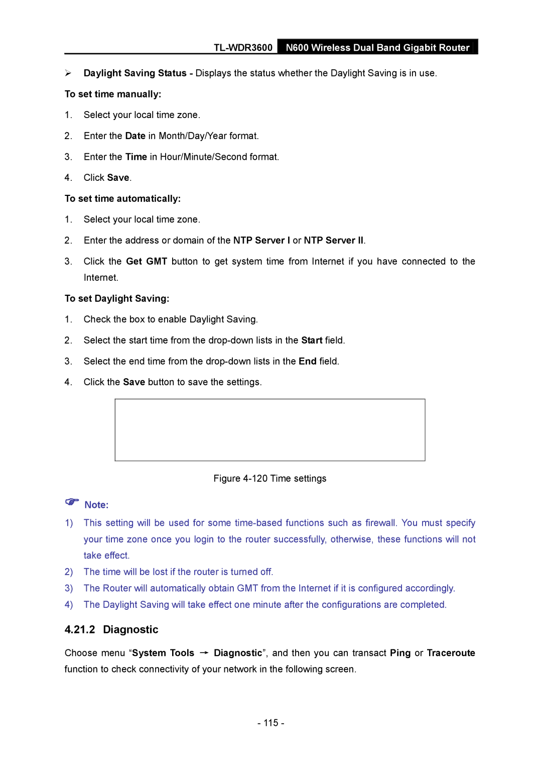 TP-Link TL-WDR3600 Diagnostic, To set time manually, To set time automatically, To set Daylight Saving 