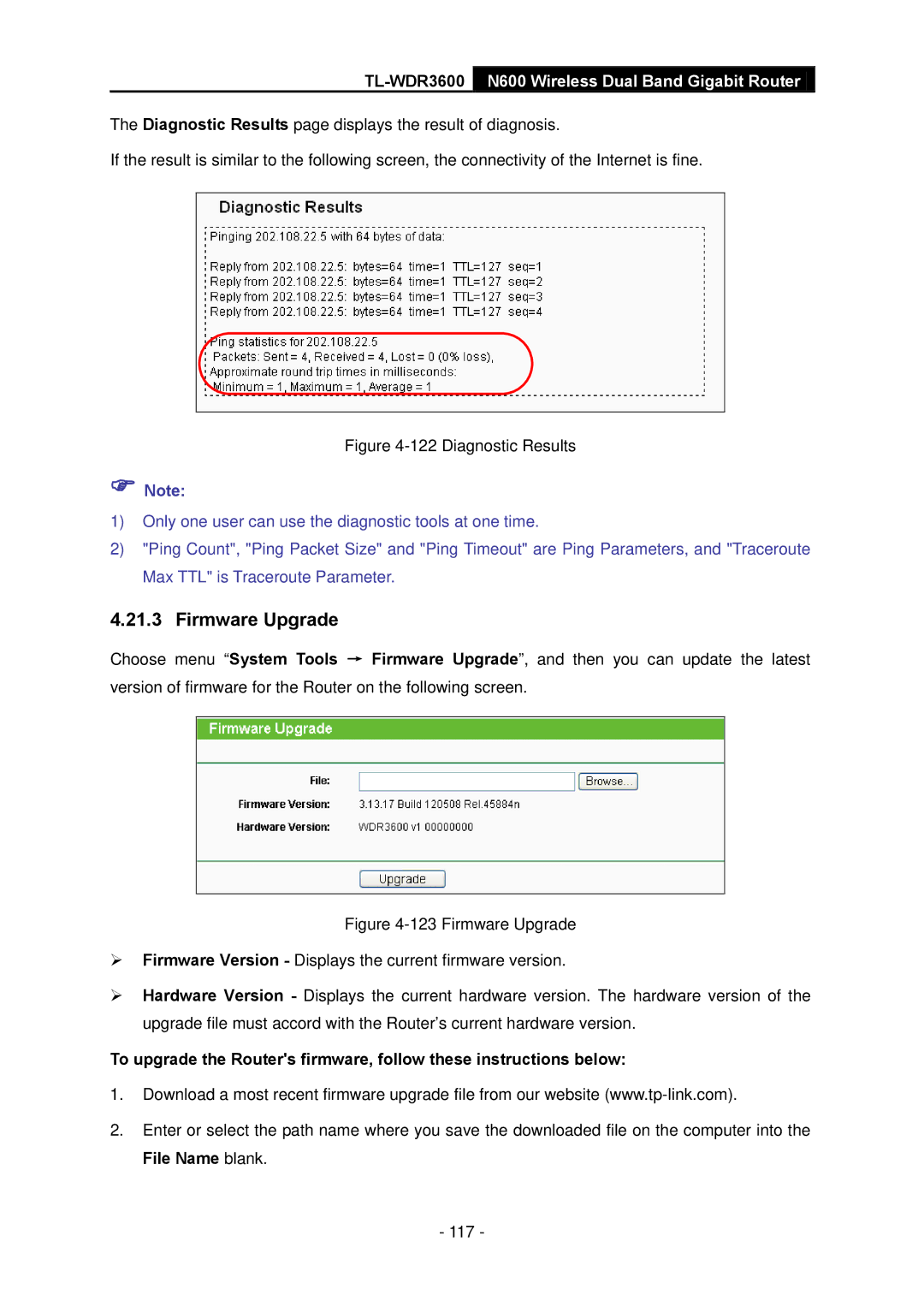 TP-Link TL-WDR3600 manual Firmware Upgrade, Diagnostic Results 