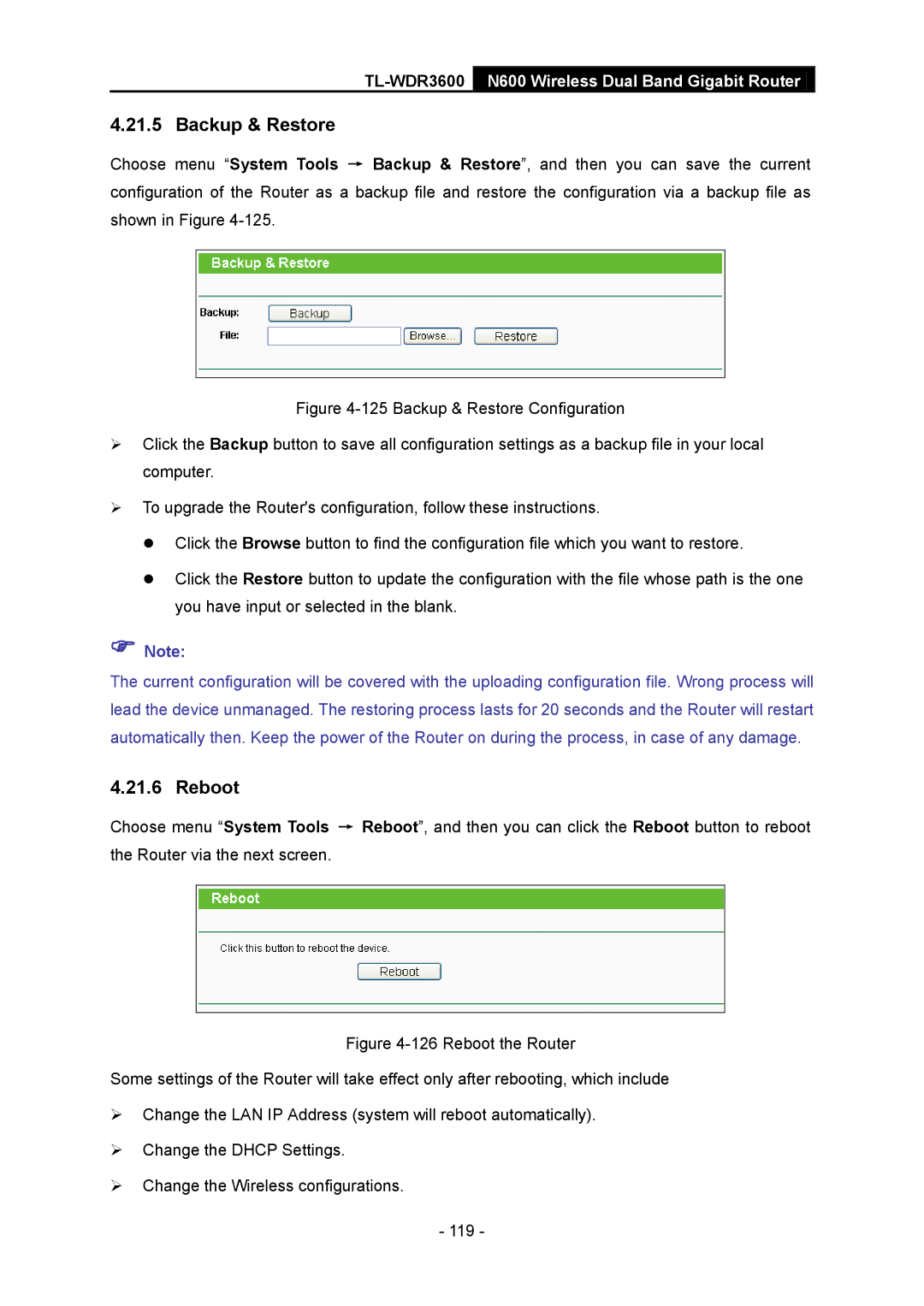 TP-Link TL-WDR3600 manual Backup & Restore, Reboot 