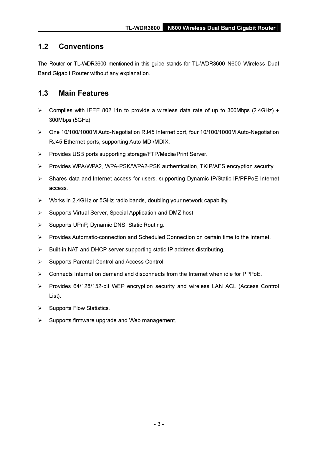 TP-Link TL-WDR3600 manual Conventions, Main Features 