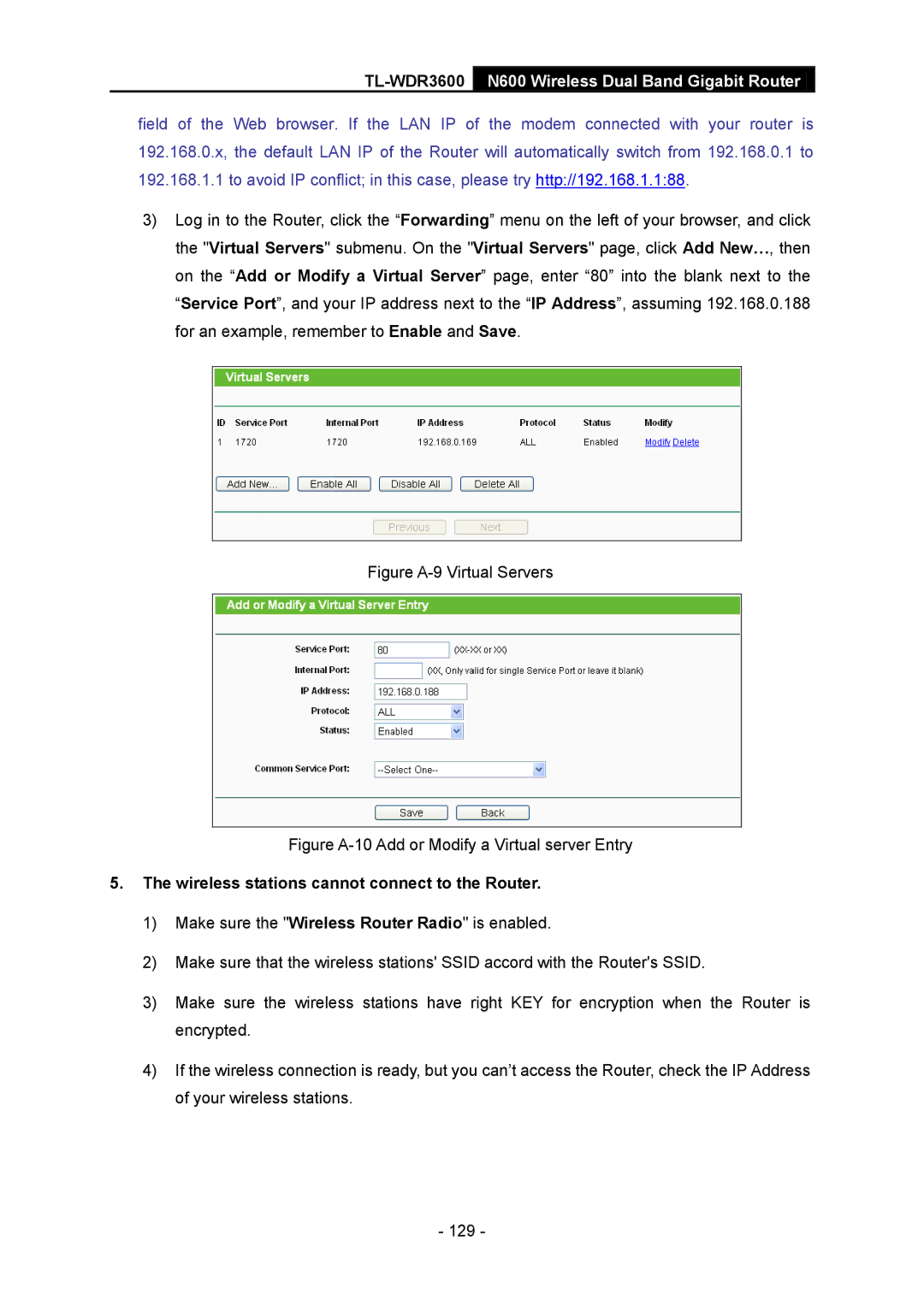 TP-Link TL-WDR3600 manual Figure A-9 Virtual Servers, Wireless stations cannot connect to the Router 