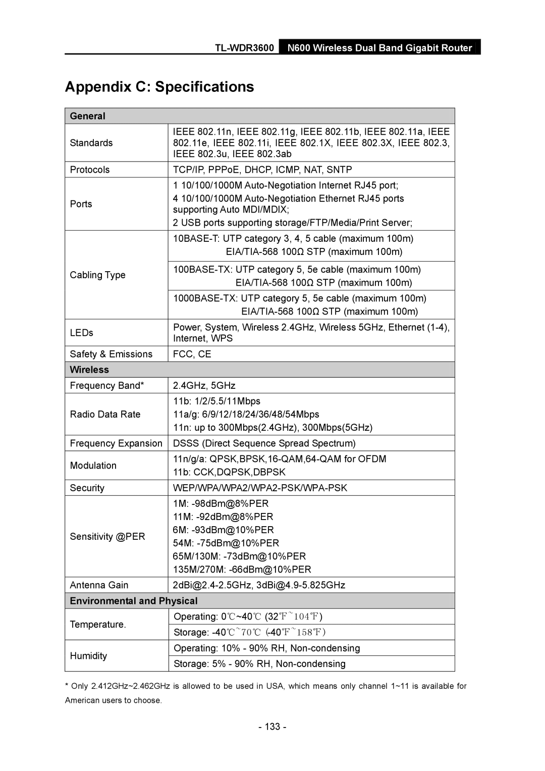 TP-Link TL-WDR3600 manual General, Wireless, Environmental and Physical 