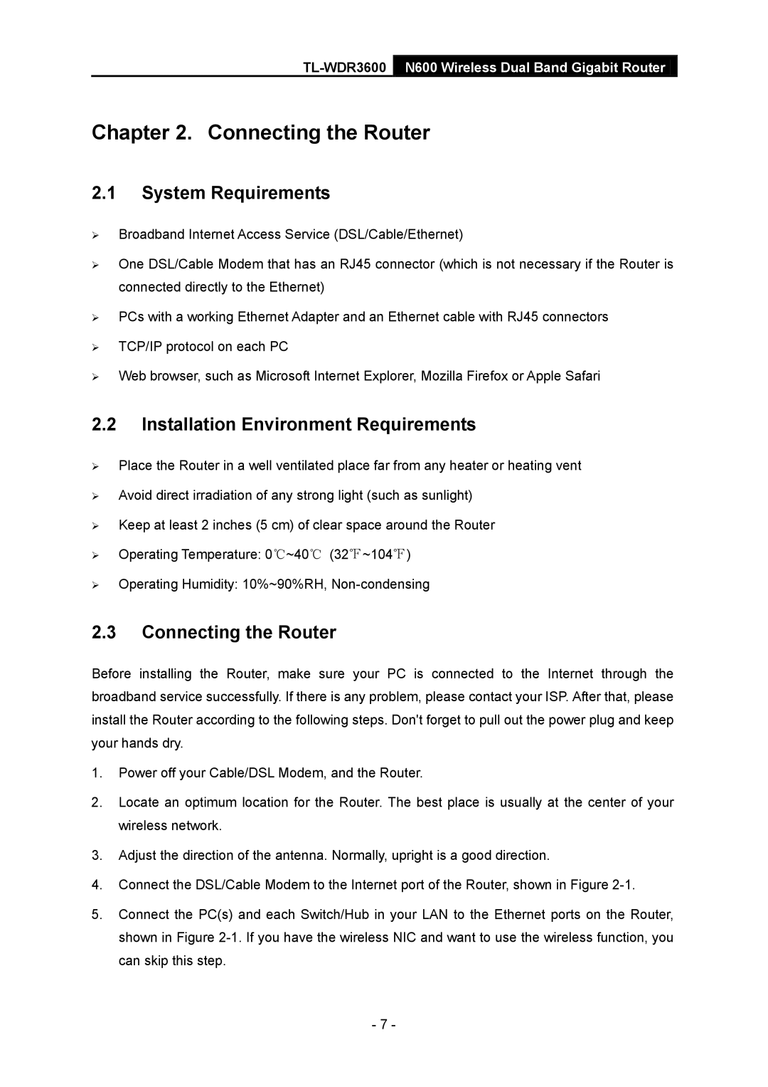 TP-Link TL-WDR3600 manual System Requirements, Installation Environment Requirements, Connecting the Router 