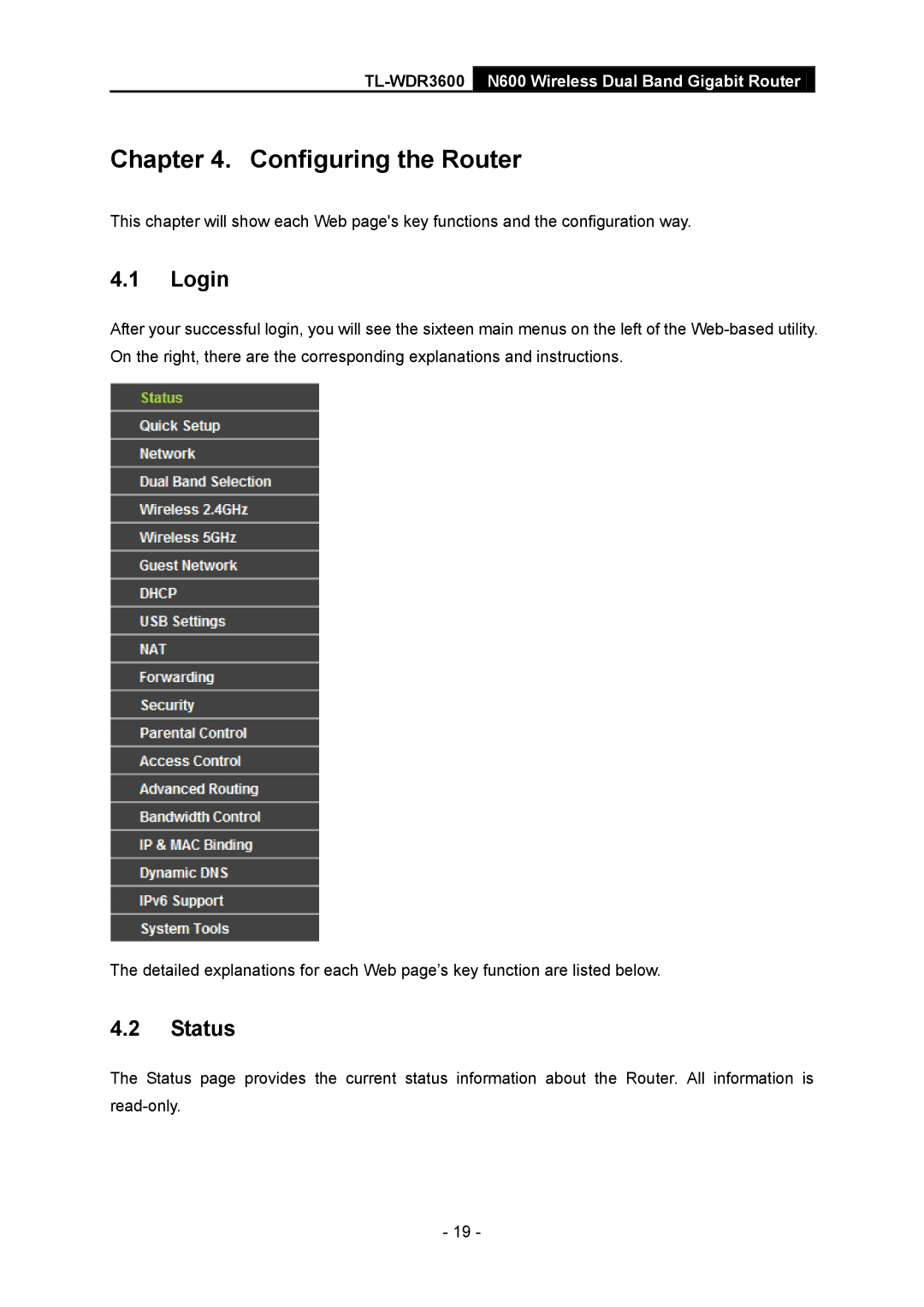 TP-Link TL-WDR3600 manual Login, Status 