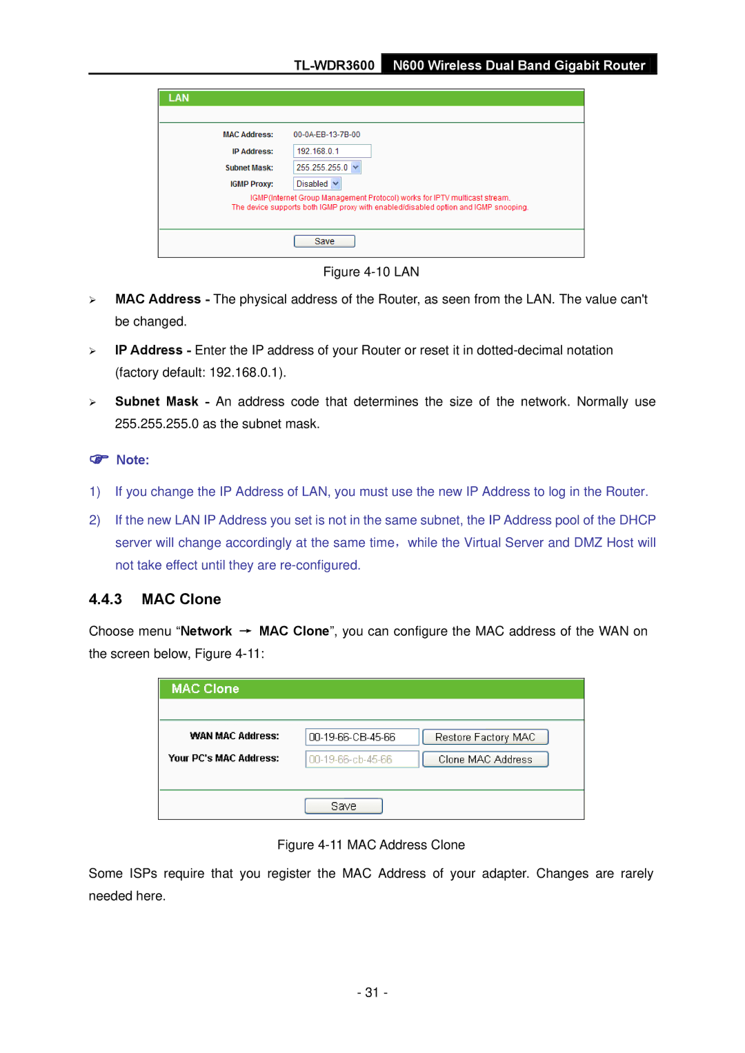 TP-Link TL-WDR3600 manual MAC Clone 