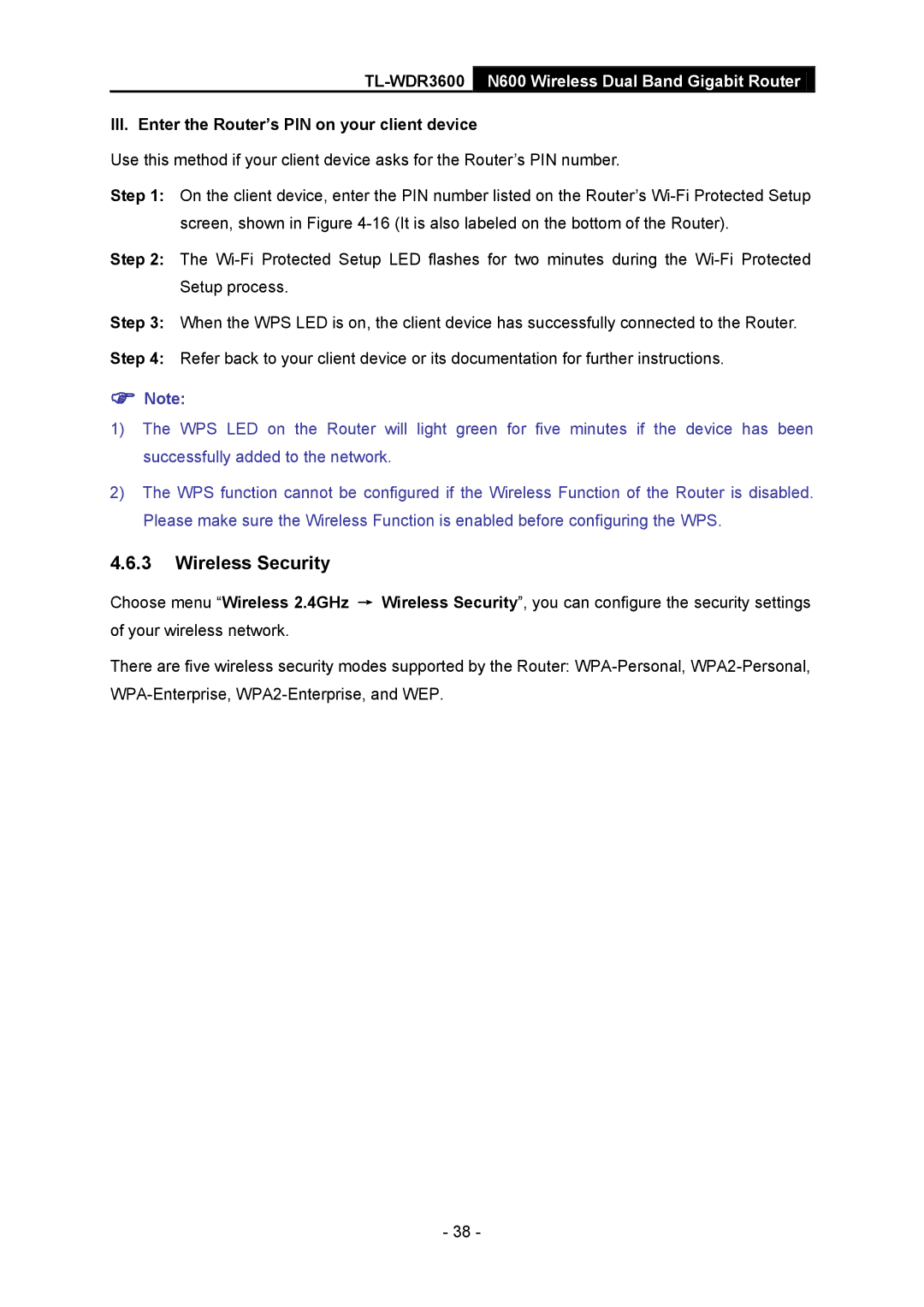 TP-Link TL-WDR3600 manual Wireless Security, III. Enter the Router’s PIN on your client device 