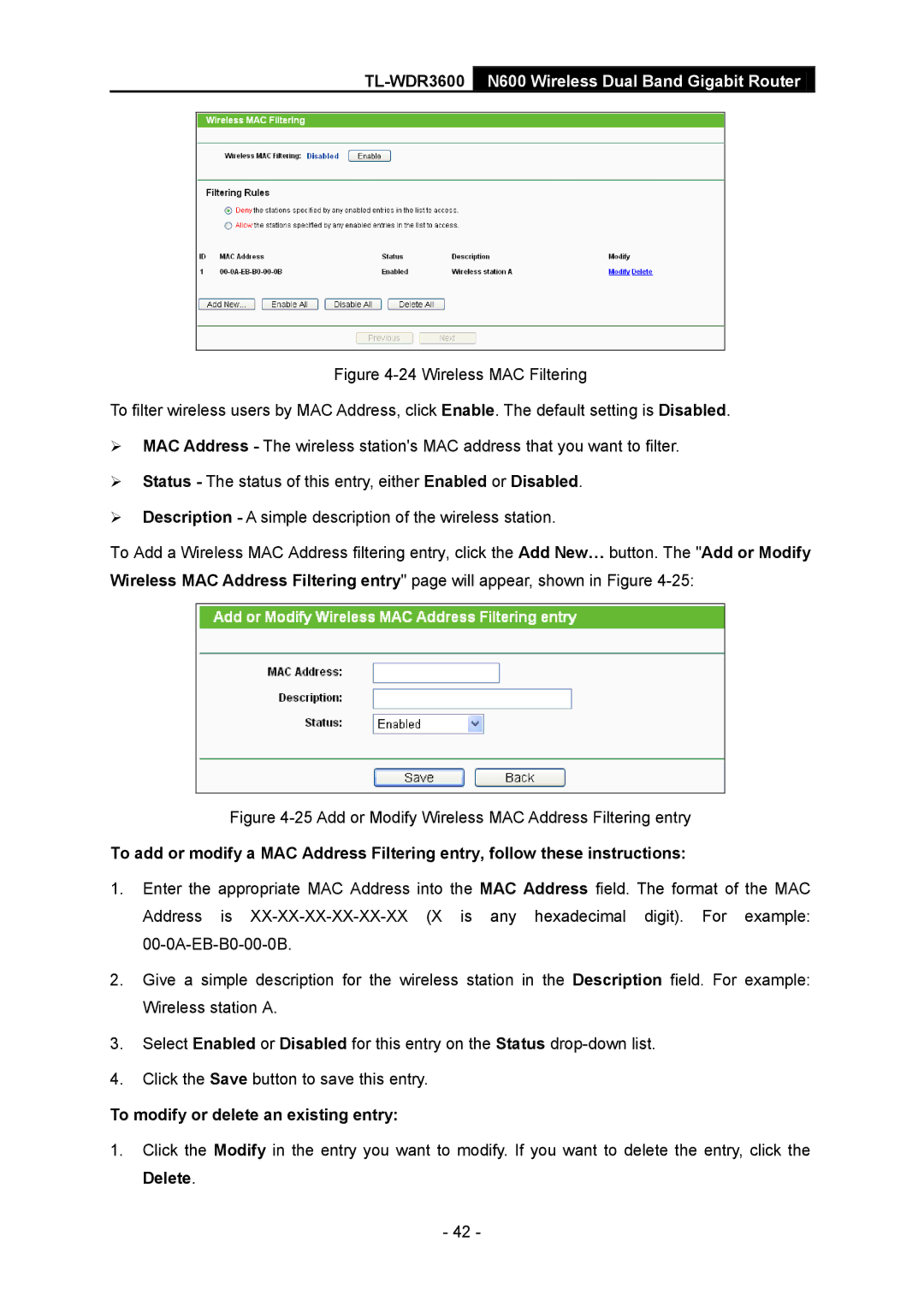 TP-Link TL-WDR3600 manual Add or Modify Wireless MAC Address Filtering entry, To modify or delete an existing entry 