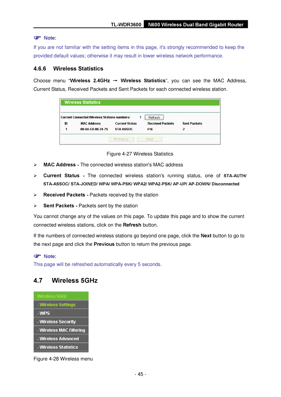 TP-Link TL-WDR3600 manual Wireless 5GHz, Wireless Statistics 