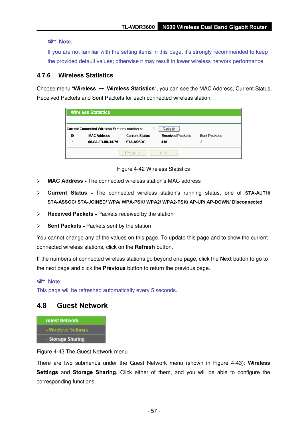 TP-Link TL-WDR3600 manual Guest Network, Wireless Statistics 