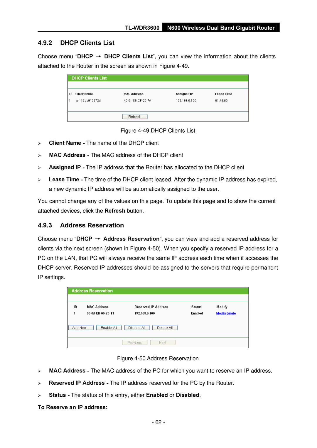 TP-Link TL-WDR3600 manual Dhcp Clients List, Address Reservation, To Reserve an IP address 