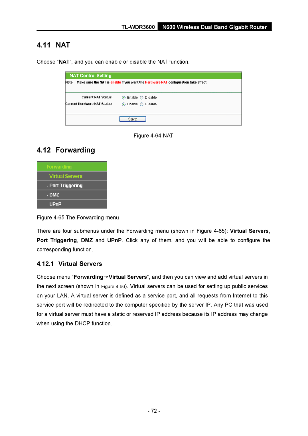 TP-Link TL-WDR3600 manual 11 NAT, Forwarding, Virtual Servers 