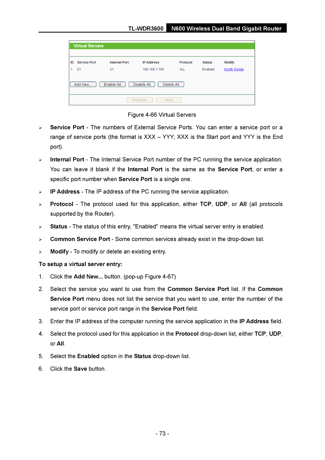 TP-Link TL-WDR3600 manual To setup a virtual server entry 