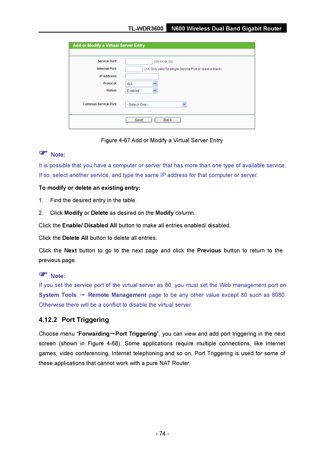 TP-Link TL-WDR3600 manual Port Triggering, Add or Modify a Virtual Server Entry 