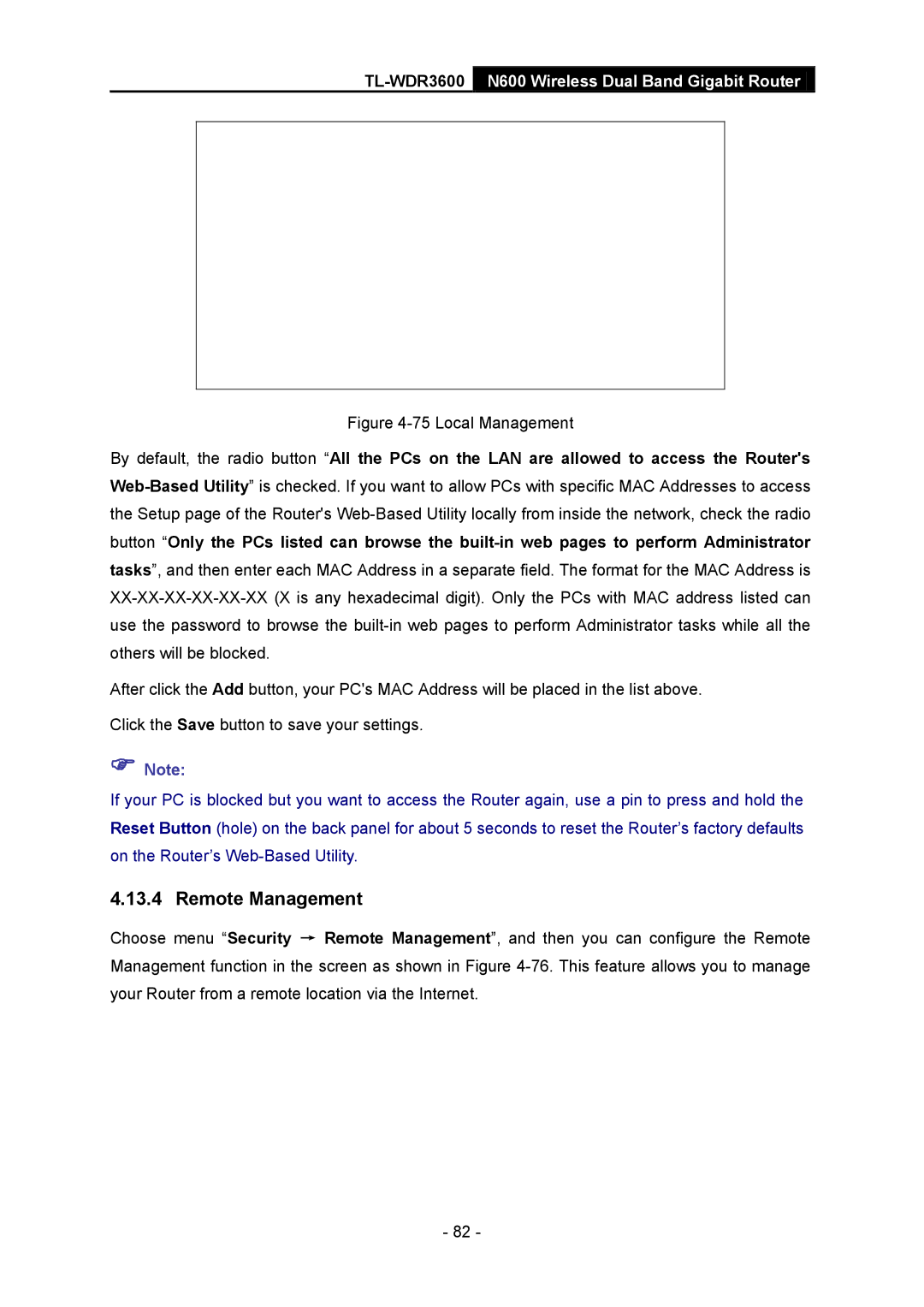 TP-Link TL-WDR3600 manual Remote Management, Local Management 