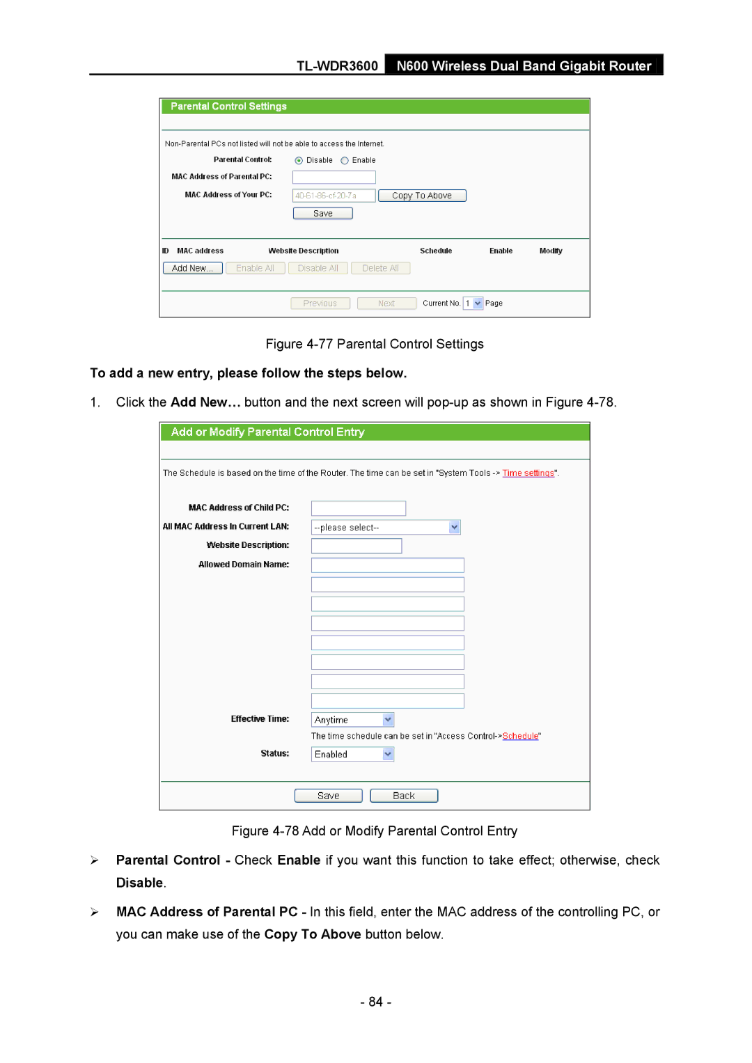 TP-Link TL-WDR3600 manual Parental Control Settings, To add a new entry, please follow the steps below 