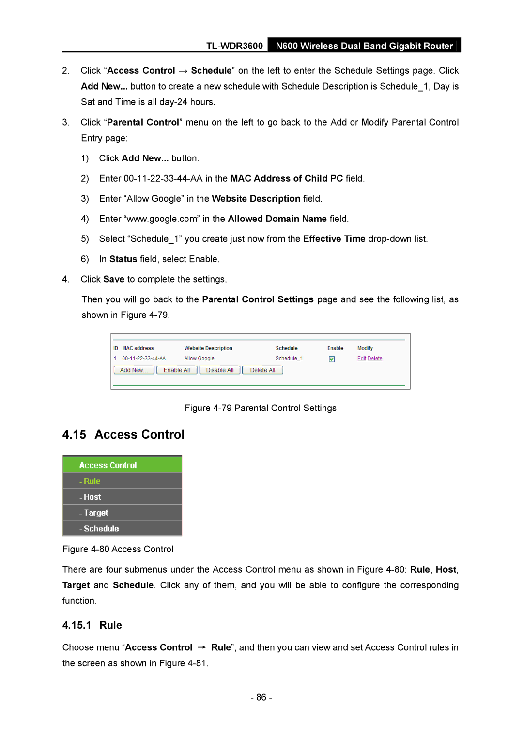 TP-Link TL-WDR3600 manual Access Control, Rule 