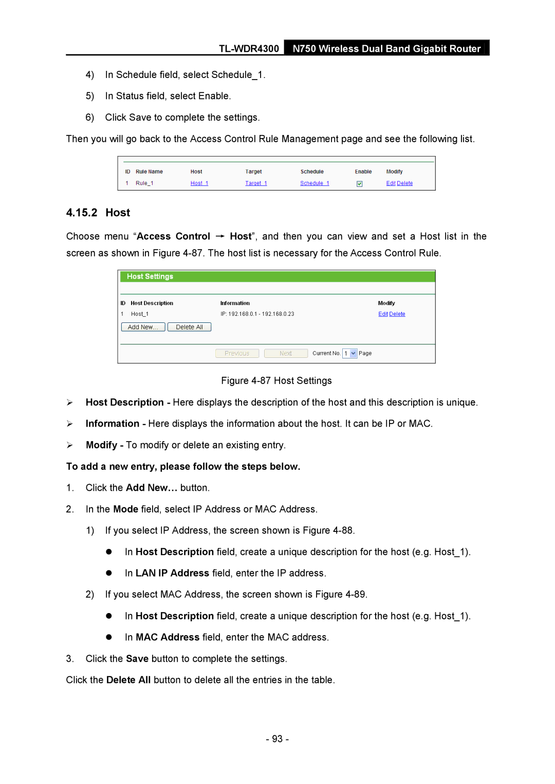 TP-Link TL-WDR4300 manual Host, To add a new entry, please follow the steps below 