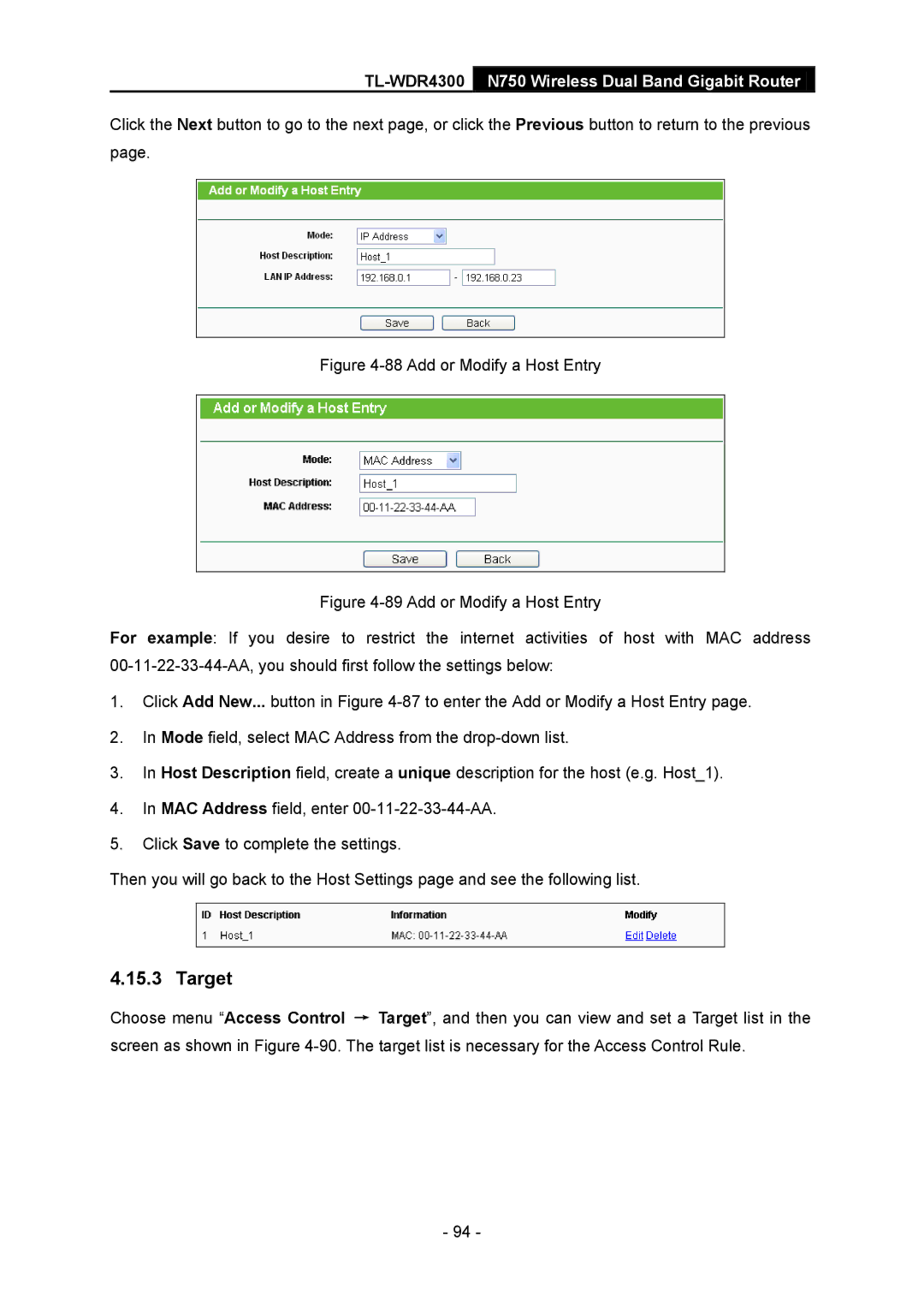 TP-Link TL-WDR4300 manual Target, Add or Modify a Host Entry 