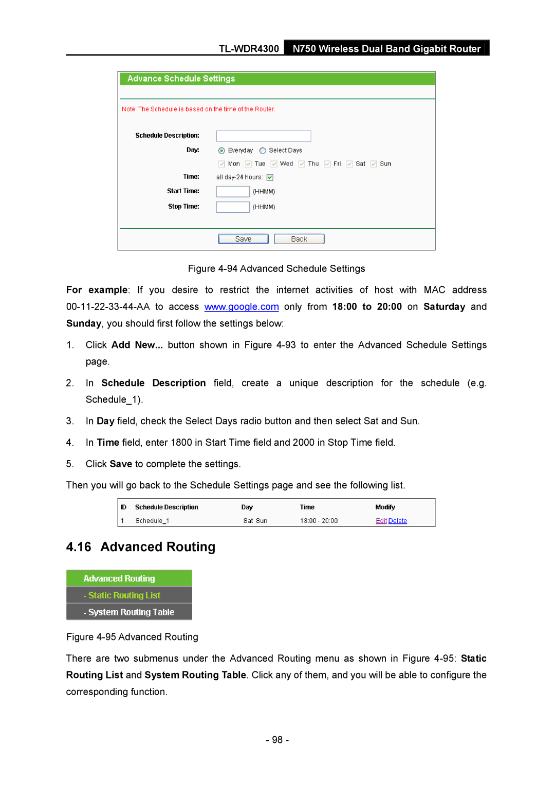 TP-Link TL-WDR4300 manual Advanced Routing 