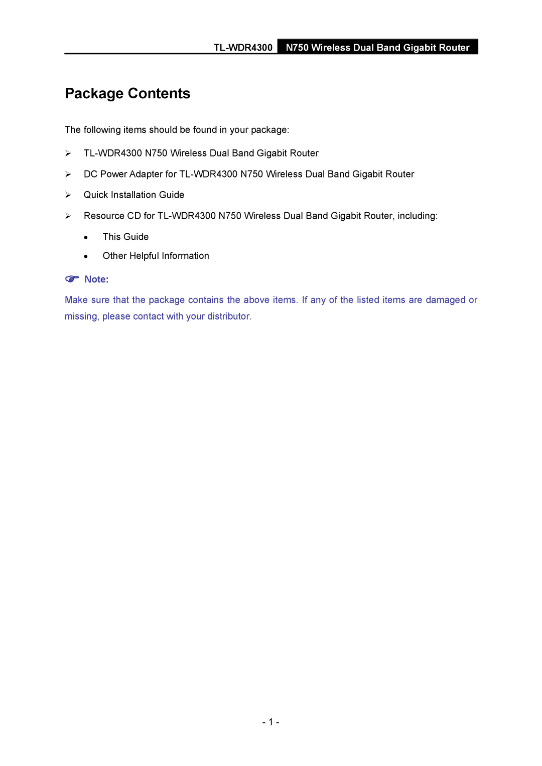 TP-Link TL-WDR4300 manual Package Contents 