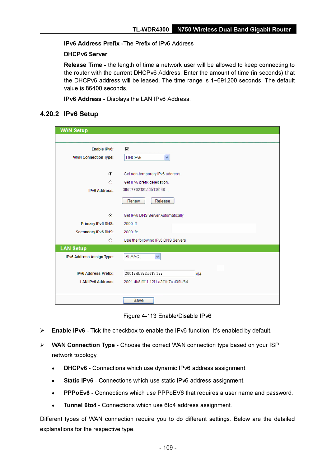 TP-Link TL-WDR4300 manual 20.2 IPv6 Setup, DHCPv6 Server 