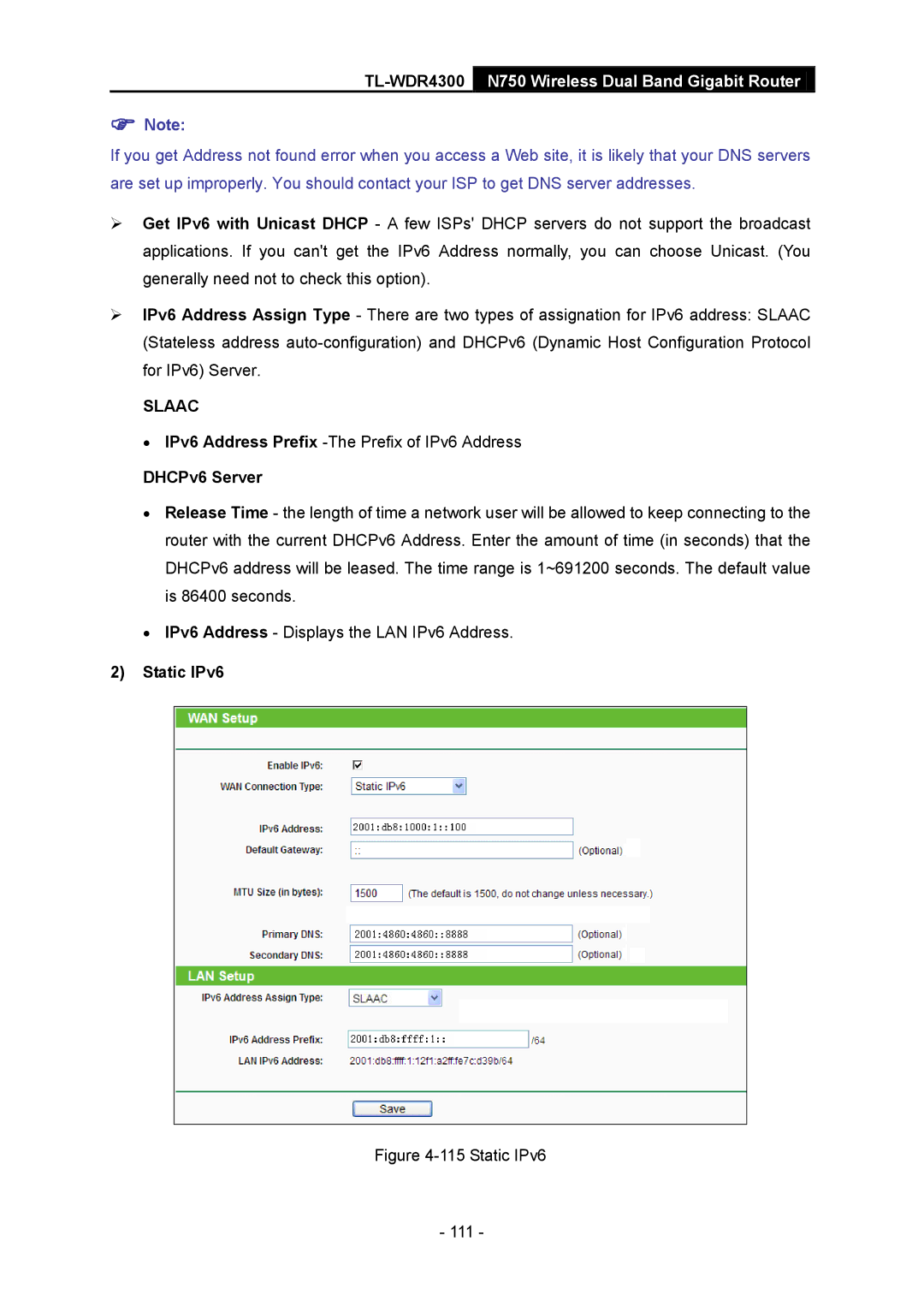 TP-Link TL-WDR4300 manual Static IPv6 111 