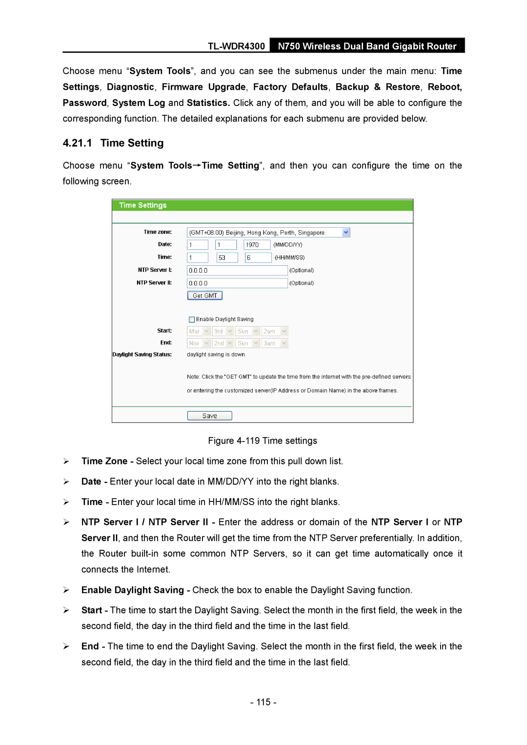 TP-Link TL-WDR4300 manual Time Setting 