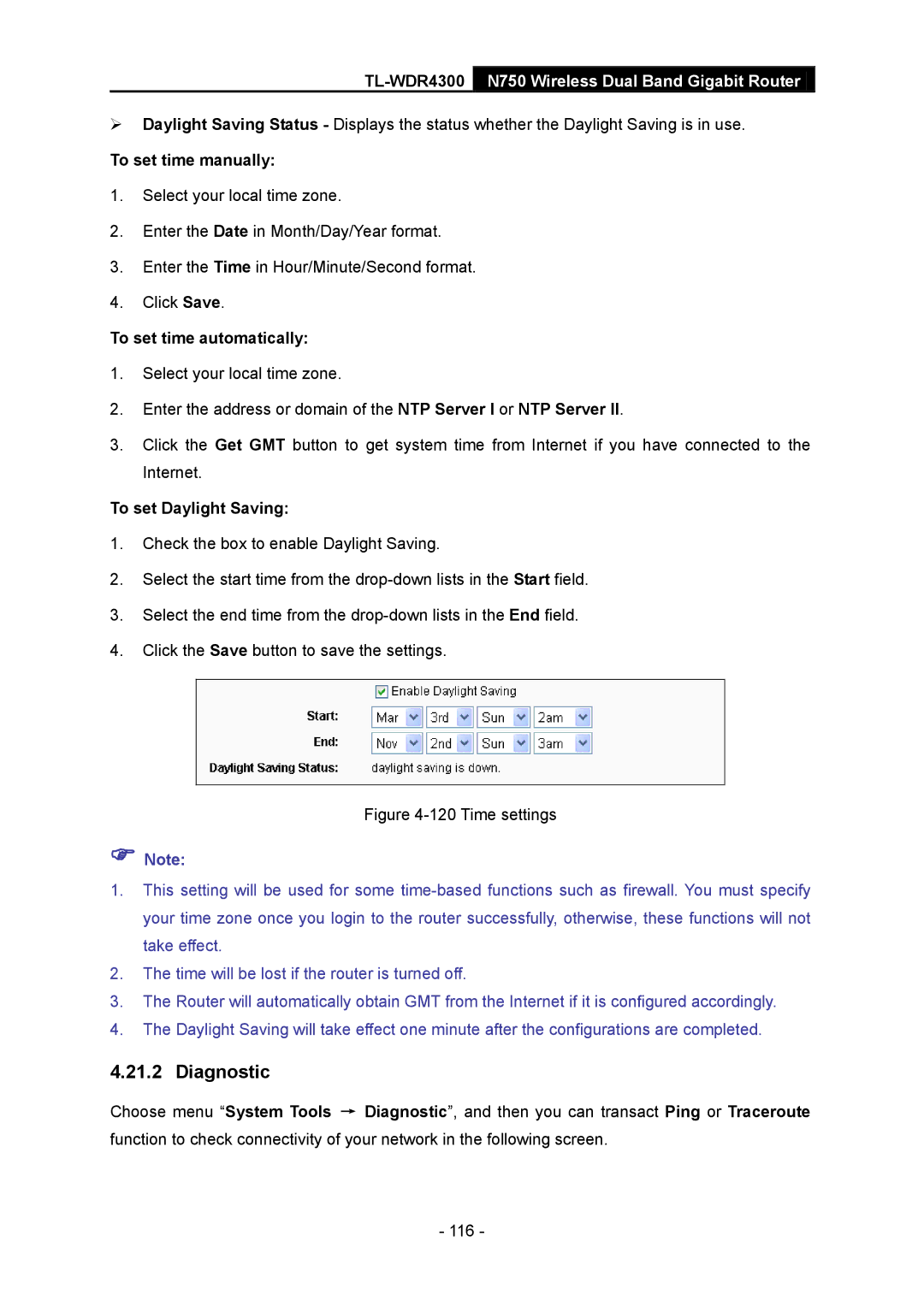 TP-Link TL-WDR4300 Diagnostic, To set time manually, To set time automatically, To set Daylight Saving 
