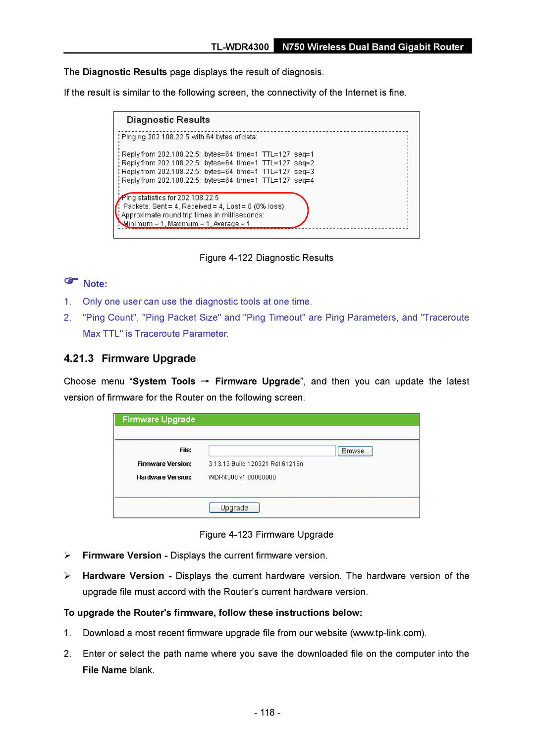 TP-Link TL-WDR4300 manual Firmware Upgrade, Diagnostic Results 