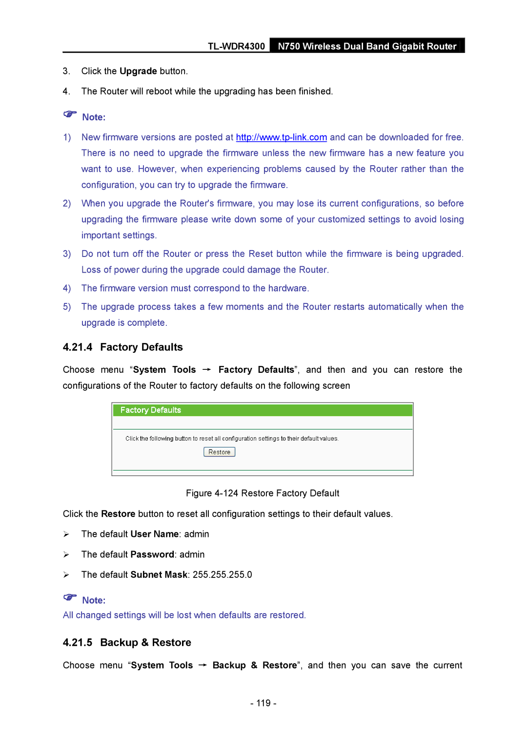 TP-Link TL-WDR4300 manual Factory Defaults, Backup & Restore 