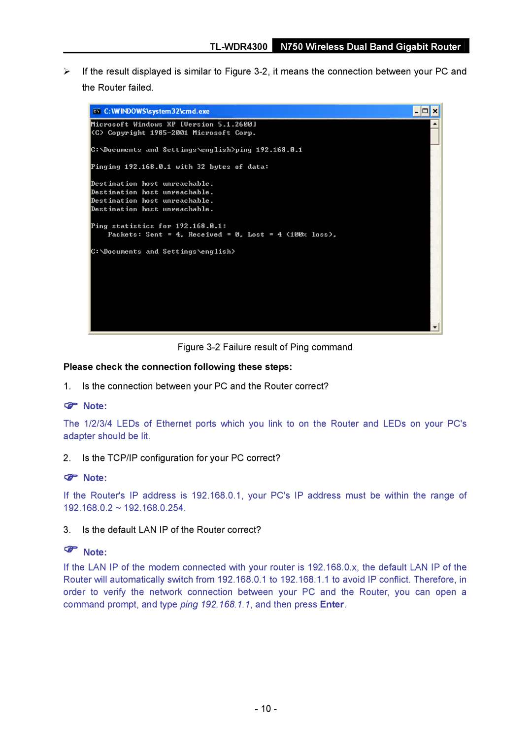 TP-Link TL-WDR4300 manual Failure result of Ping command, Please check the connection following these steps 