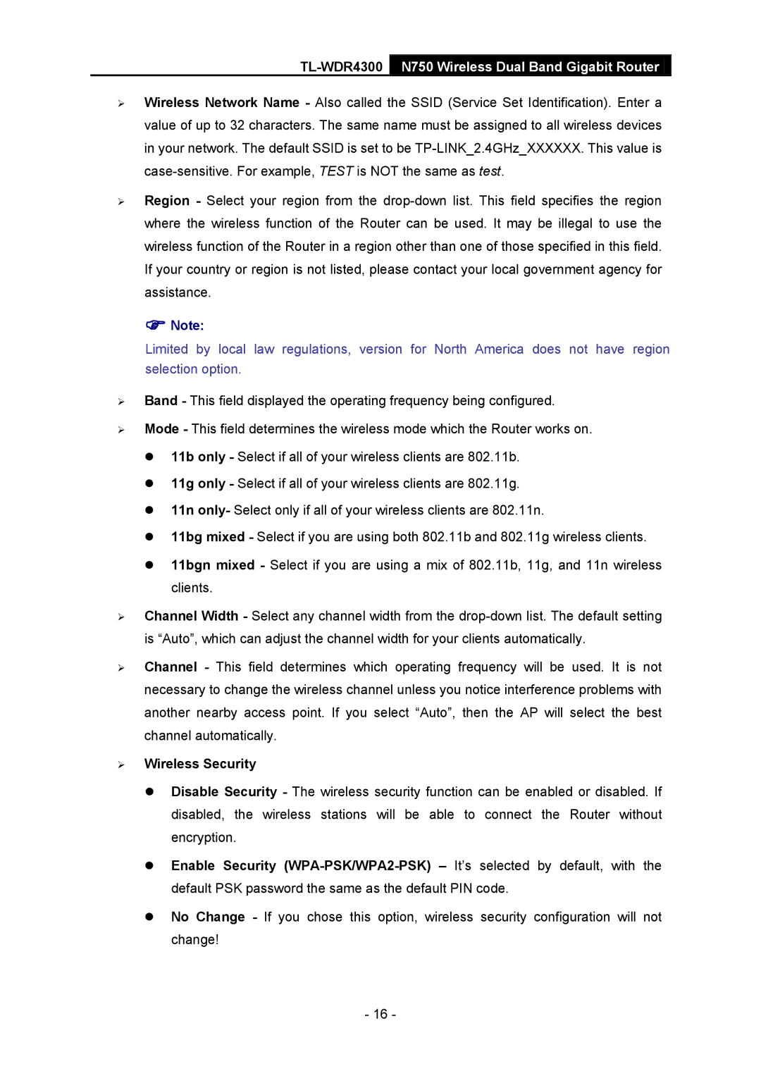 TP-Link TL-WDR4300 manual  Note,  Wireless Security 