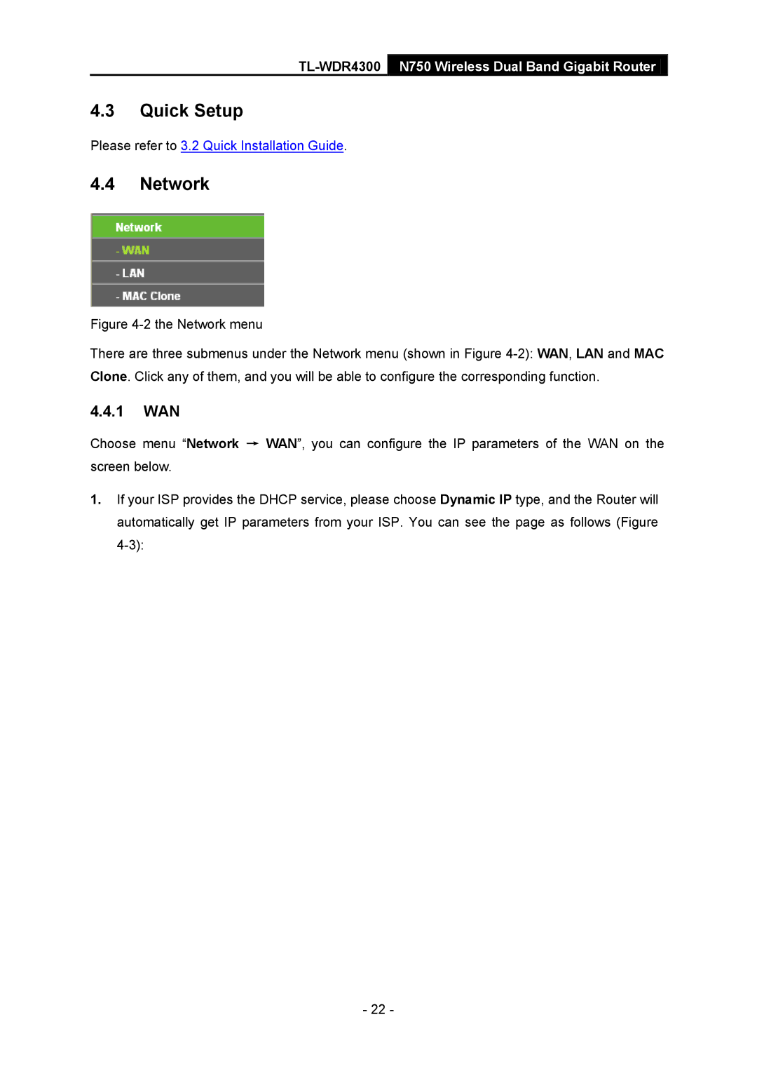 TP-Link TL-WDR4300 manual Quick Setup, Network, 1 WAN 