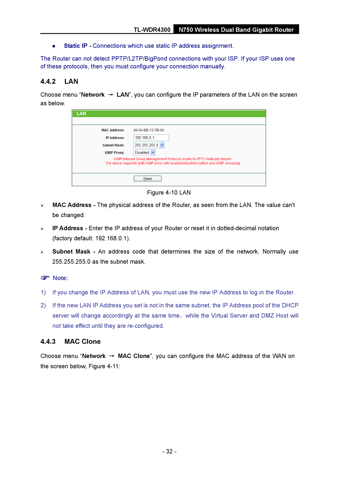 TP-Link TL-WDR4300 manual 2 LAN, MAC Clone 