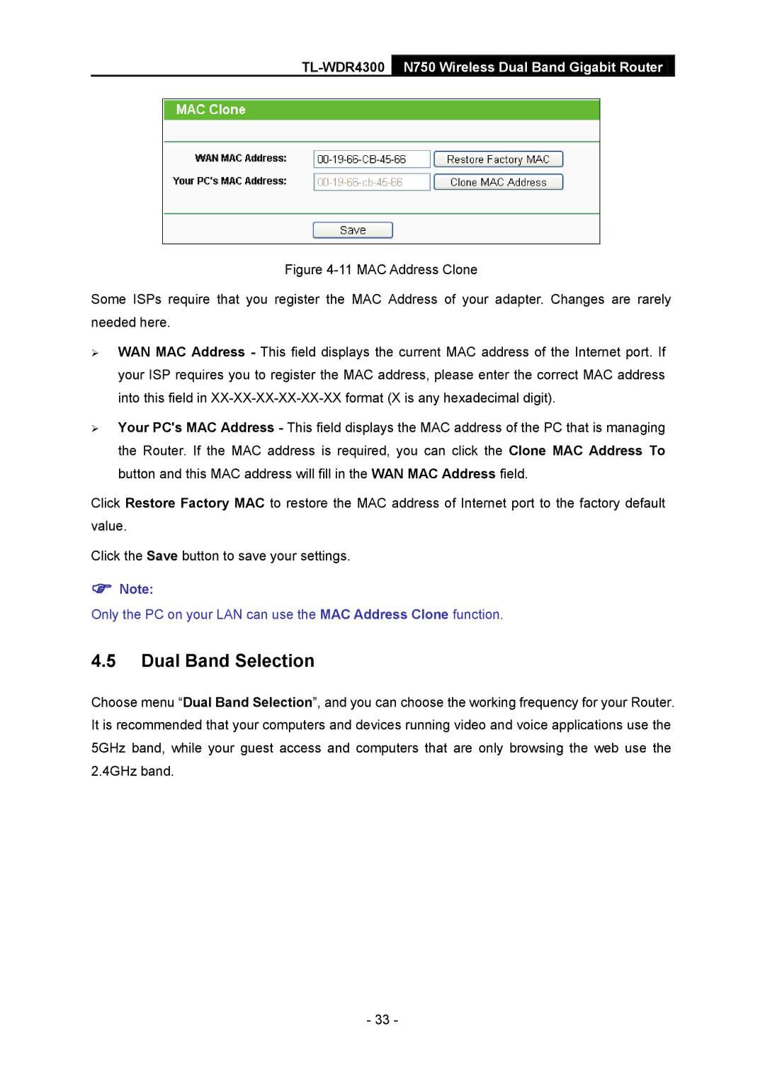 TP-Link TL-WDR4300 manual Dual Band Selection 