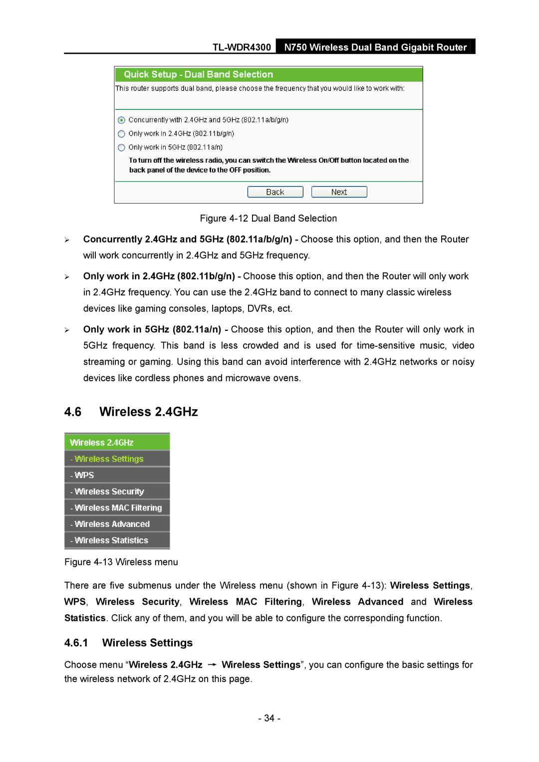 TP-Link TL-WDR4300 manual Wireless 2.4GHz, Wireless Settings 