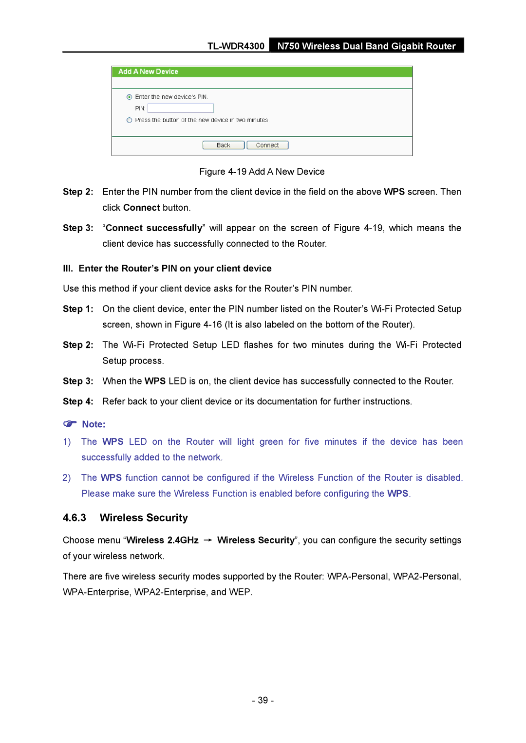 TP-Link TL-WDR4300 manual Wireless Security, III. Enter the Router’s PIN on your client device 