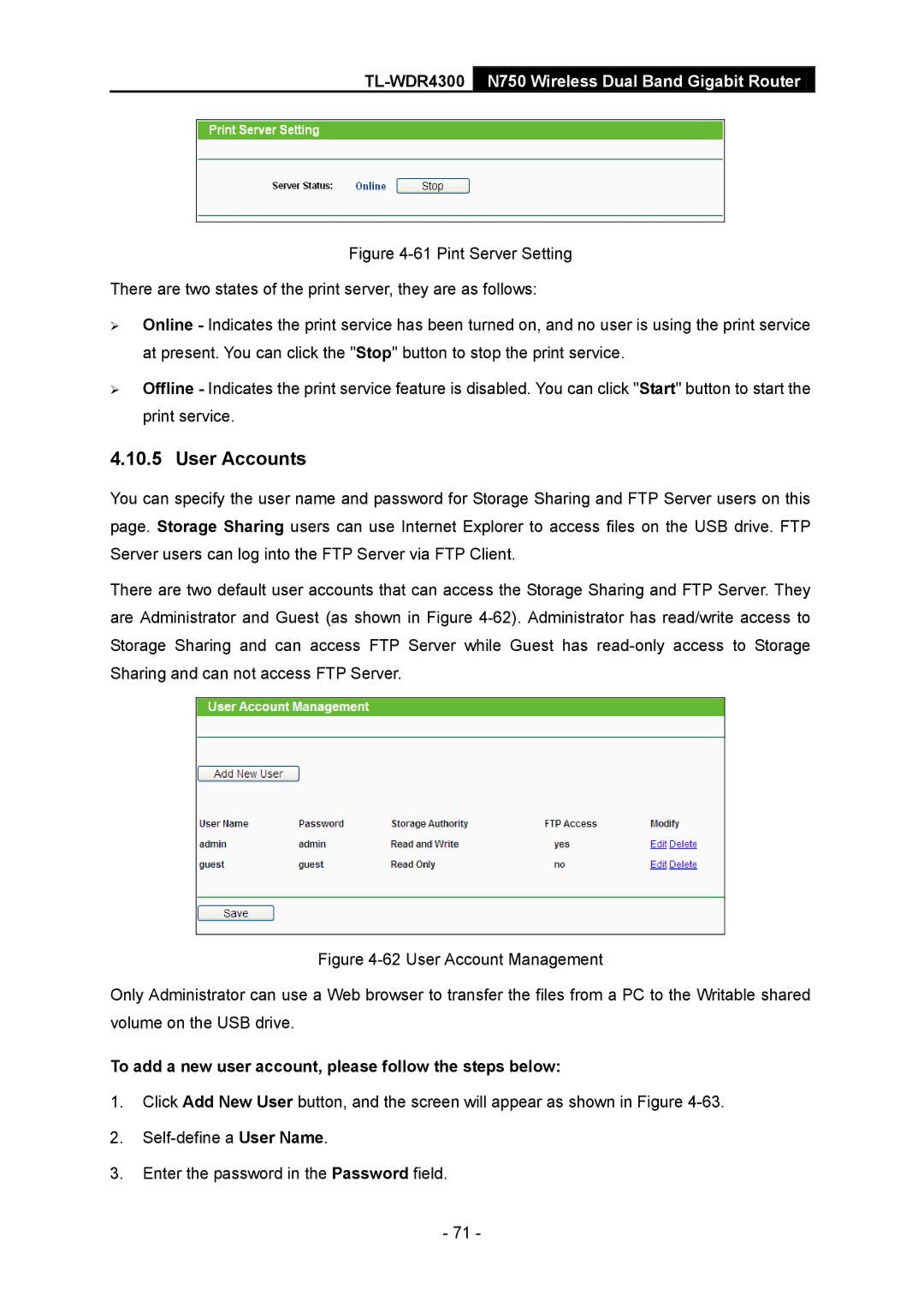 TP-Link TL-WDR4300 manual User Accounts, To add a new user account, please follow the steps below 