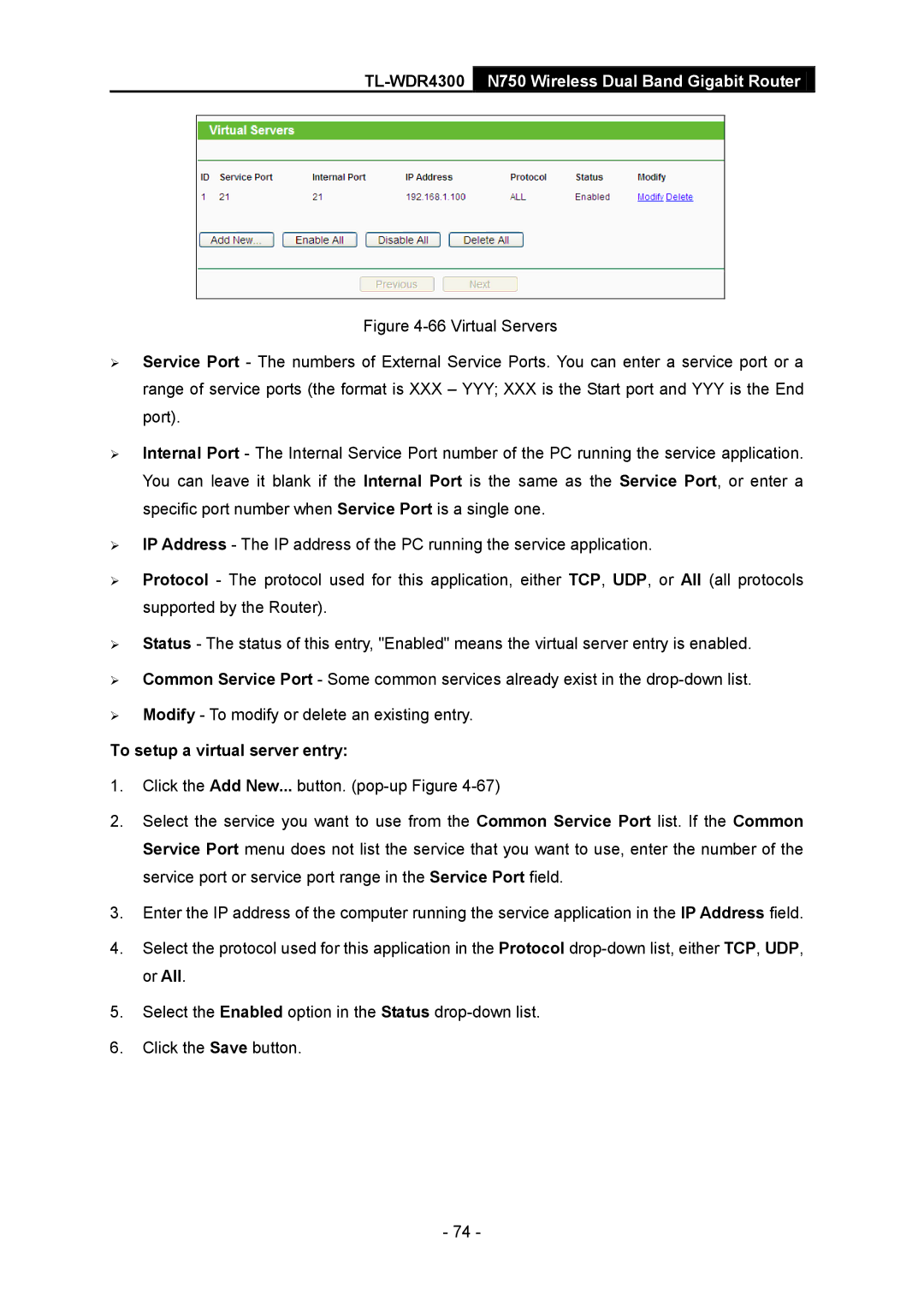 TP-Link TL-WDR4300 manual To setup a virtual server entry 