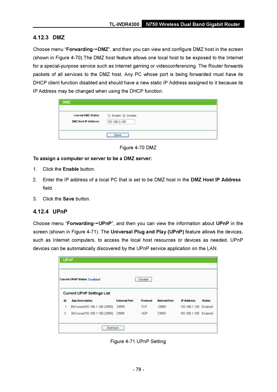 TP-Link TL-WDR4300 manual 12.3 DMZ, UPnP, To assign a computer or server to be a DMZ server 