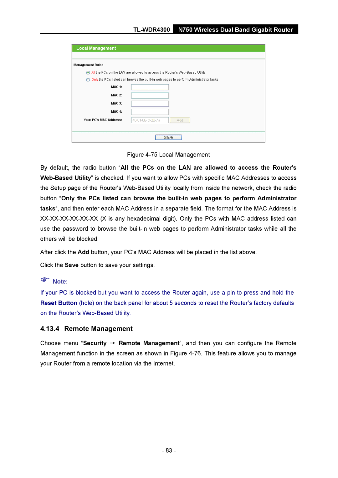 TP-Link TL-WDR4300 manual Remote Management, Local Management 