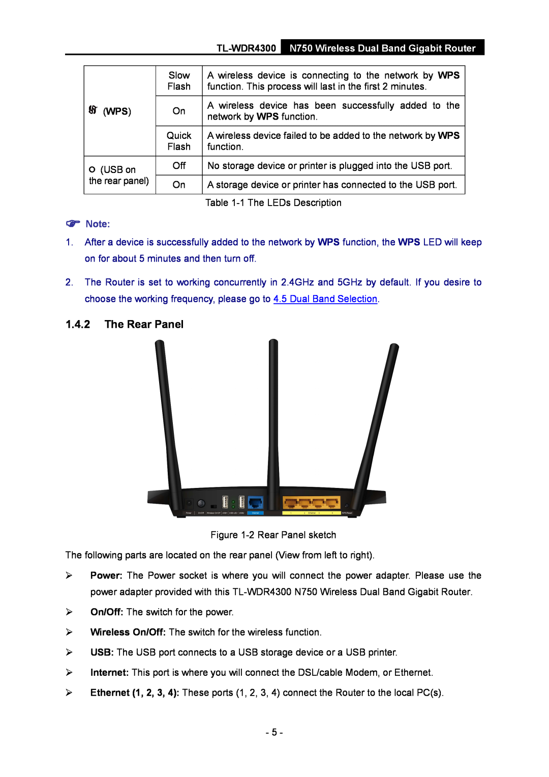 TP-Link TL-WDR4300 manual The Rear Panel, N750 Wireless Dual Band Gigabit Router,  Note 