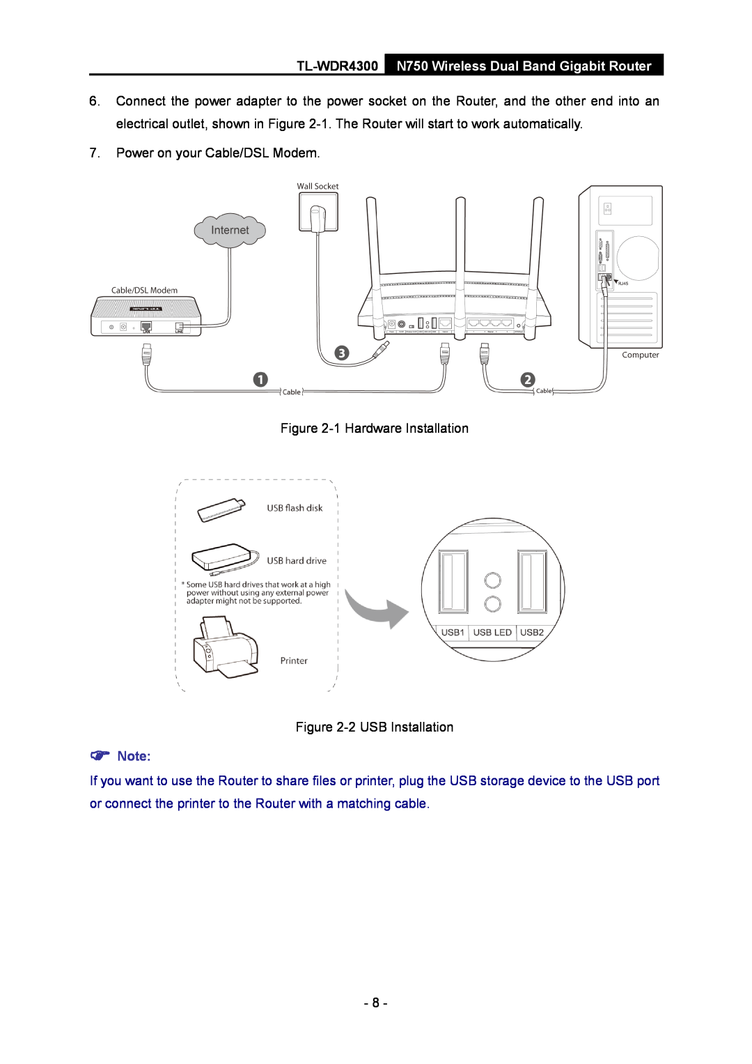 TP-Link manual TL-WDR4300 N750 Wireless Dual Band Gigabit Router, Power on your Cable/DSL Modem -1 Hardware Installation 