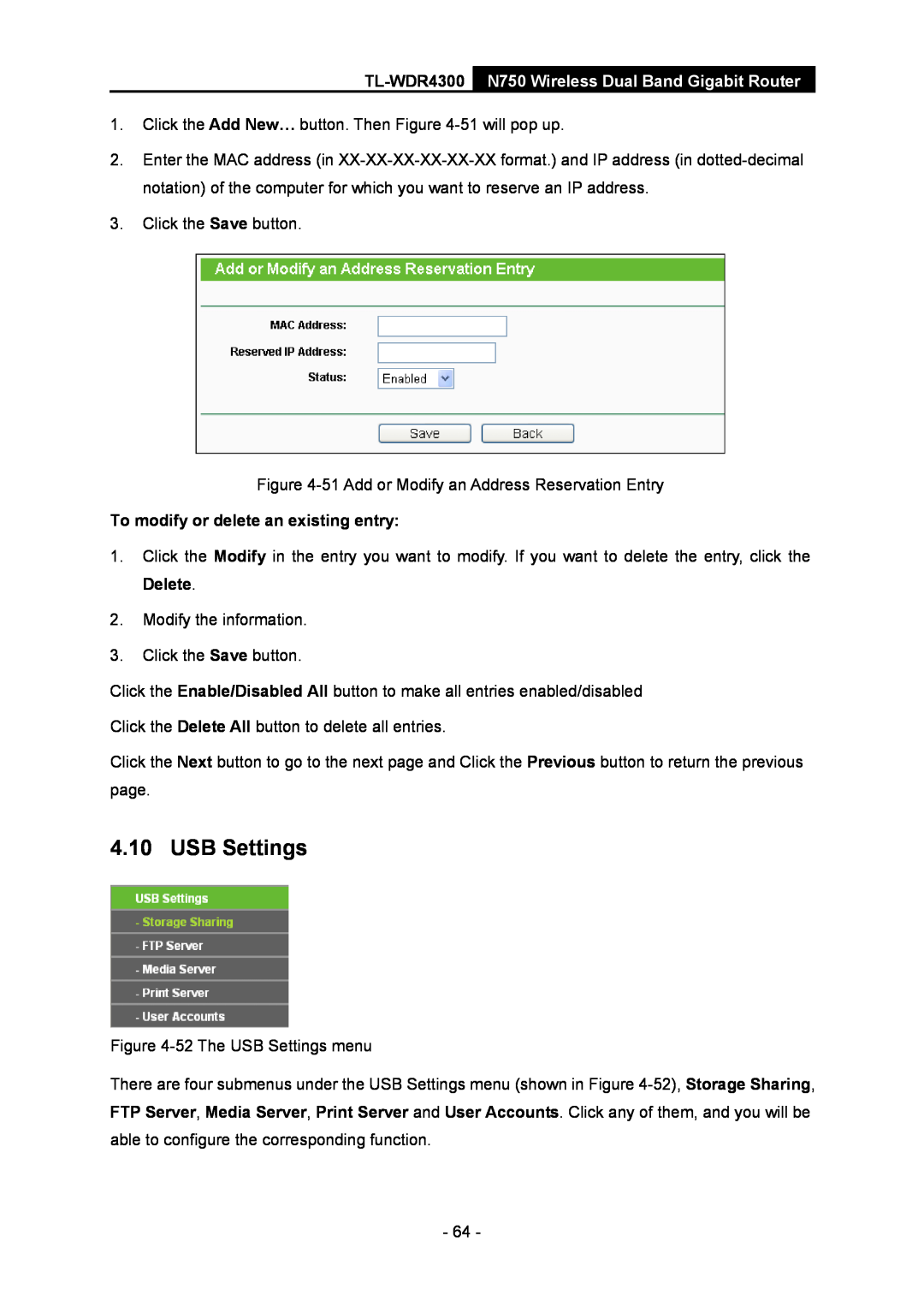 TP-Link manual USB Settings, TL-WDR4300 N750 Wireless Dual Band Gigabit Router, To modify or delete an existing entry 