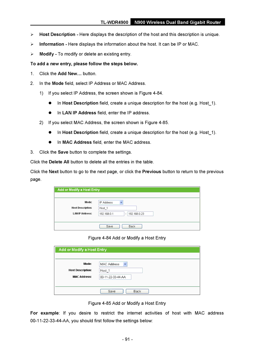 TP-Link TL-WDR4900 manual Add or Modify a Host Entry 