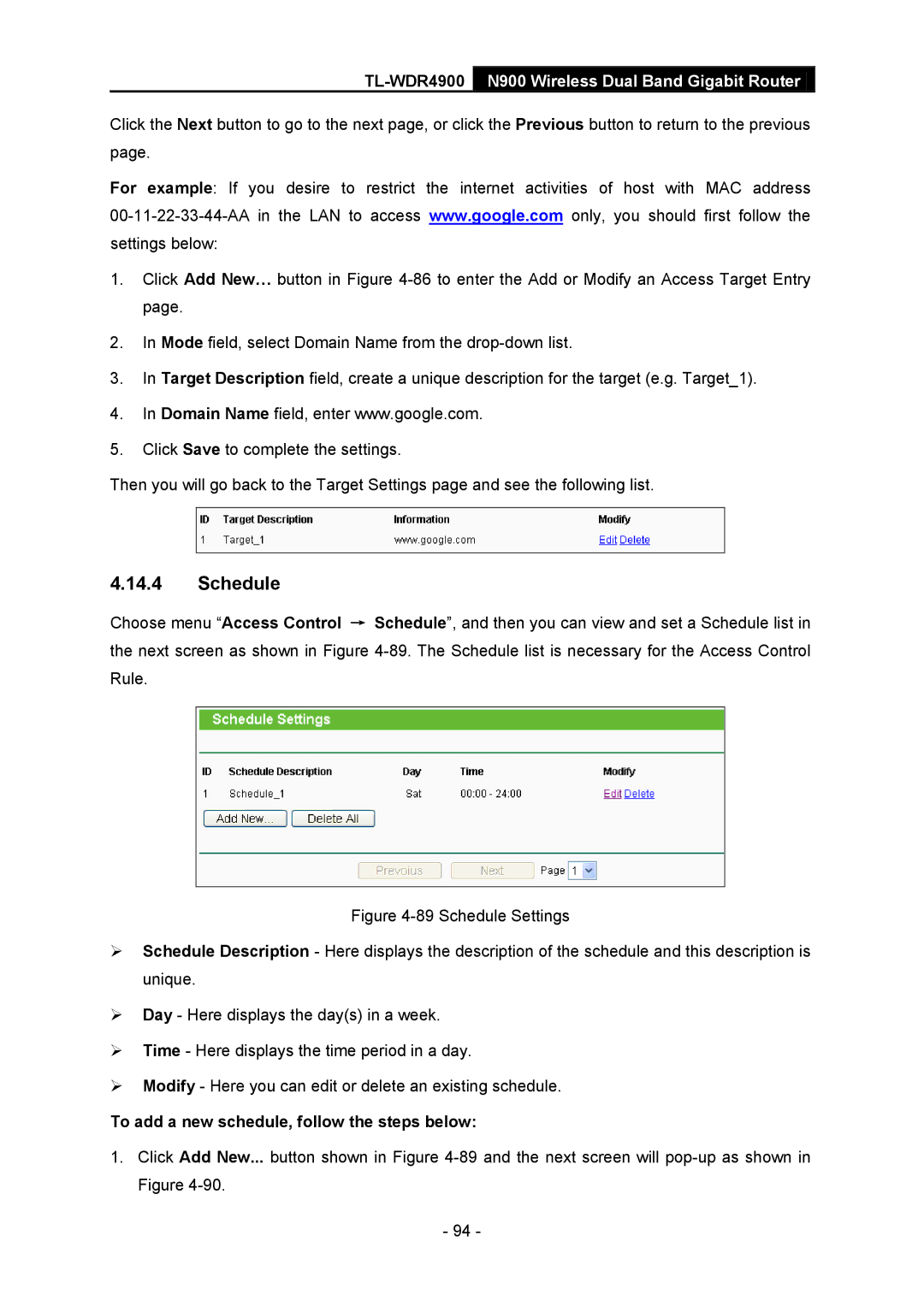 TP-Link TL-WDR4900 manual Schedule, To add a new schedule, follow the steps below 