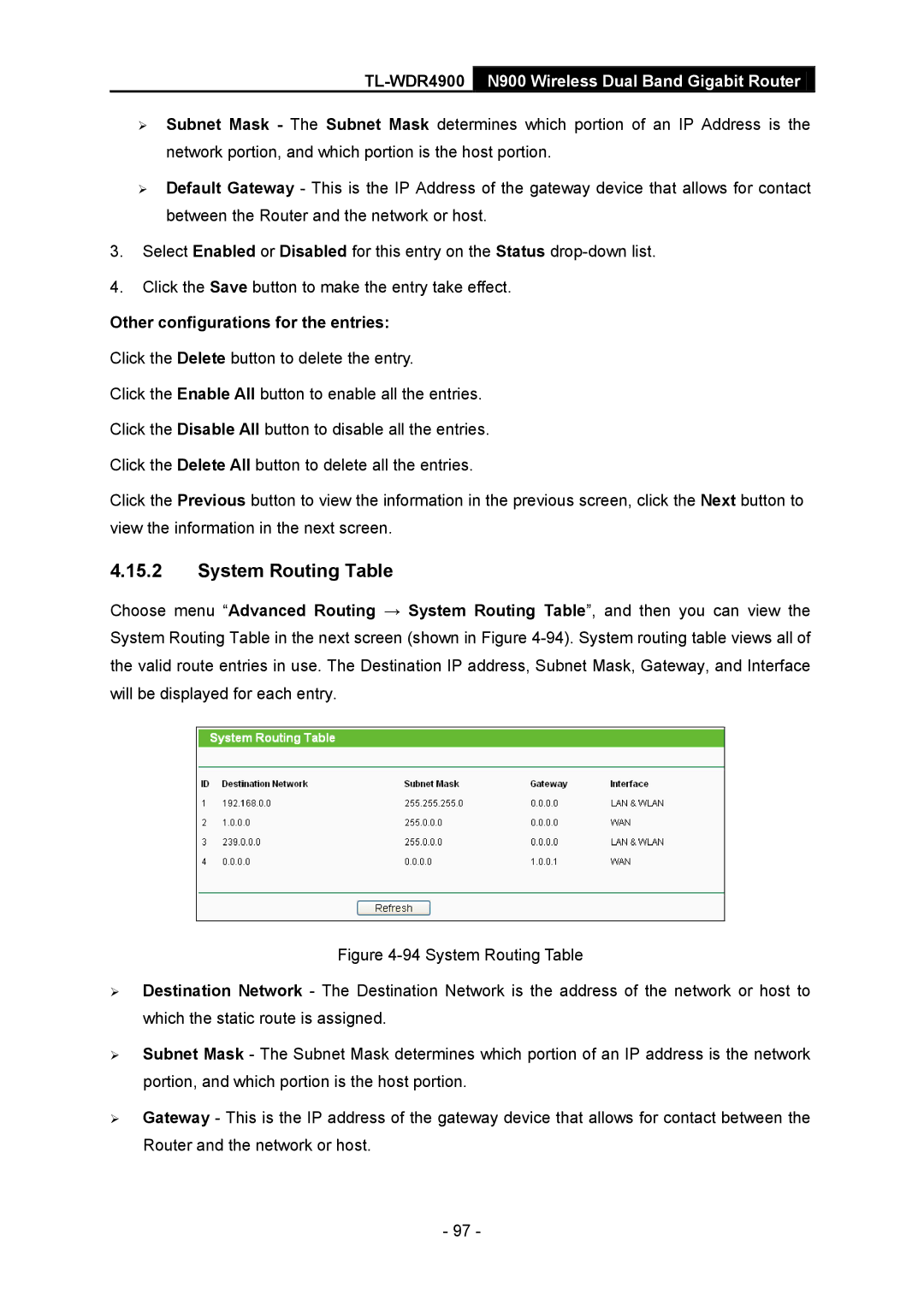 TP-Link TL-WDR4900 manual System Routing Table, Other configurations for the entries 