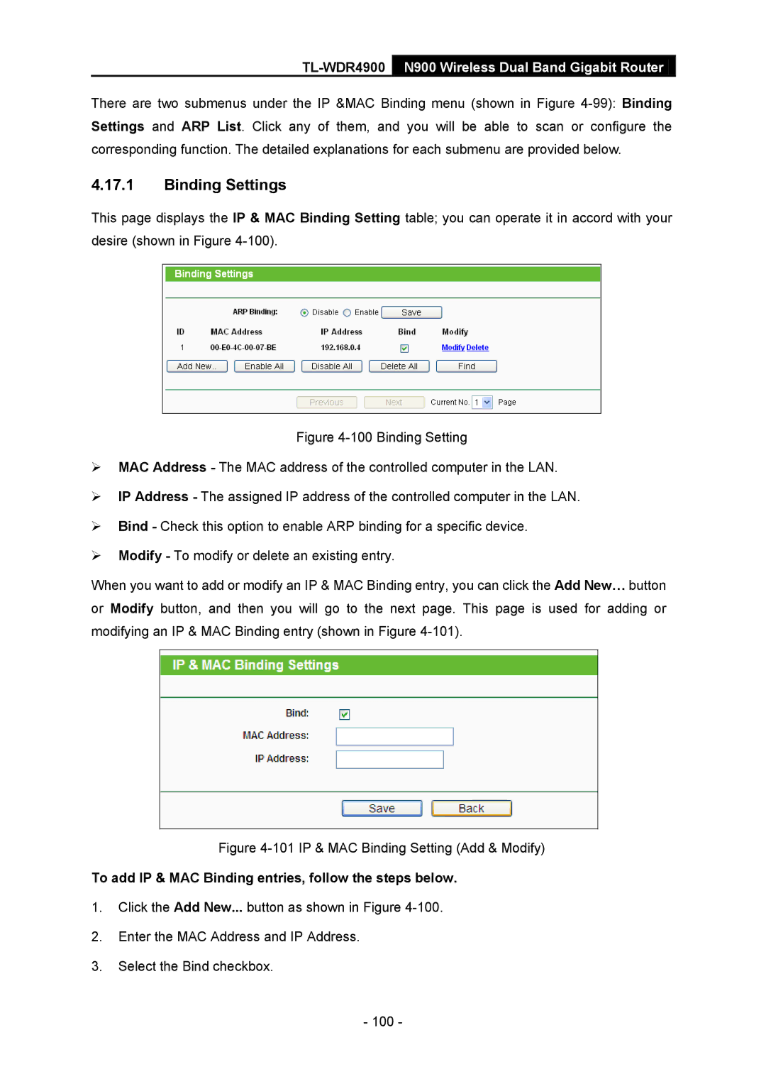 TP-Link TL-WDR4900 manual Binding Settings, To add IP & MAC Binding entries, follow the steps below 